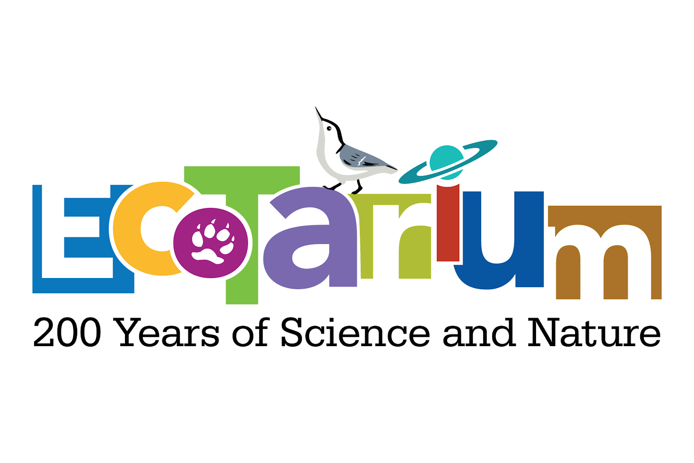 EcoTarium 200th anniversary logo, white-breasted nuthatch perched on the "a" in EcoTarium